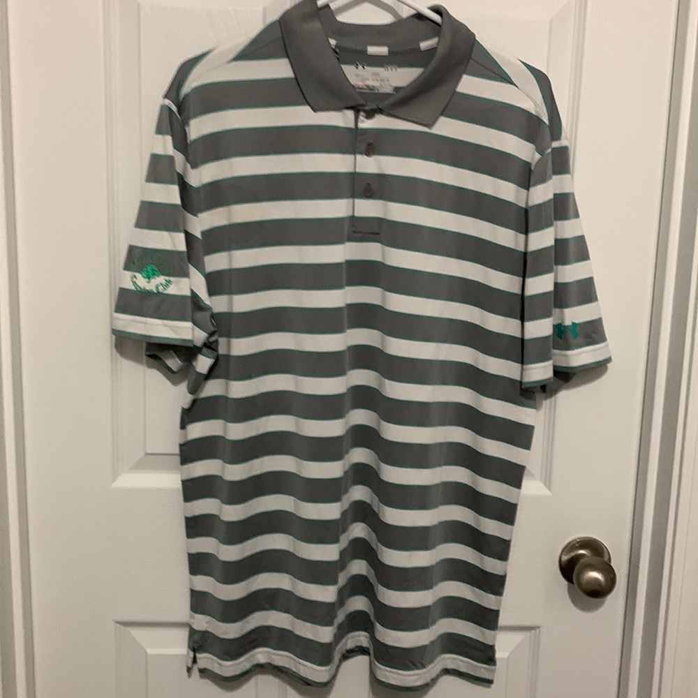 Mens size large gray, white and turquoise under armor golf polo